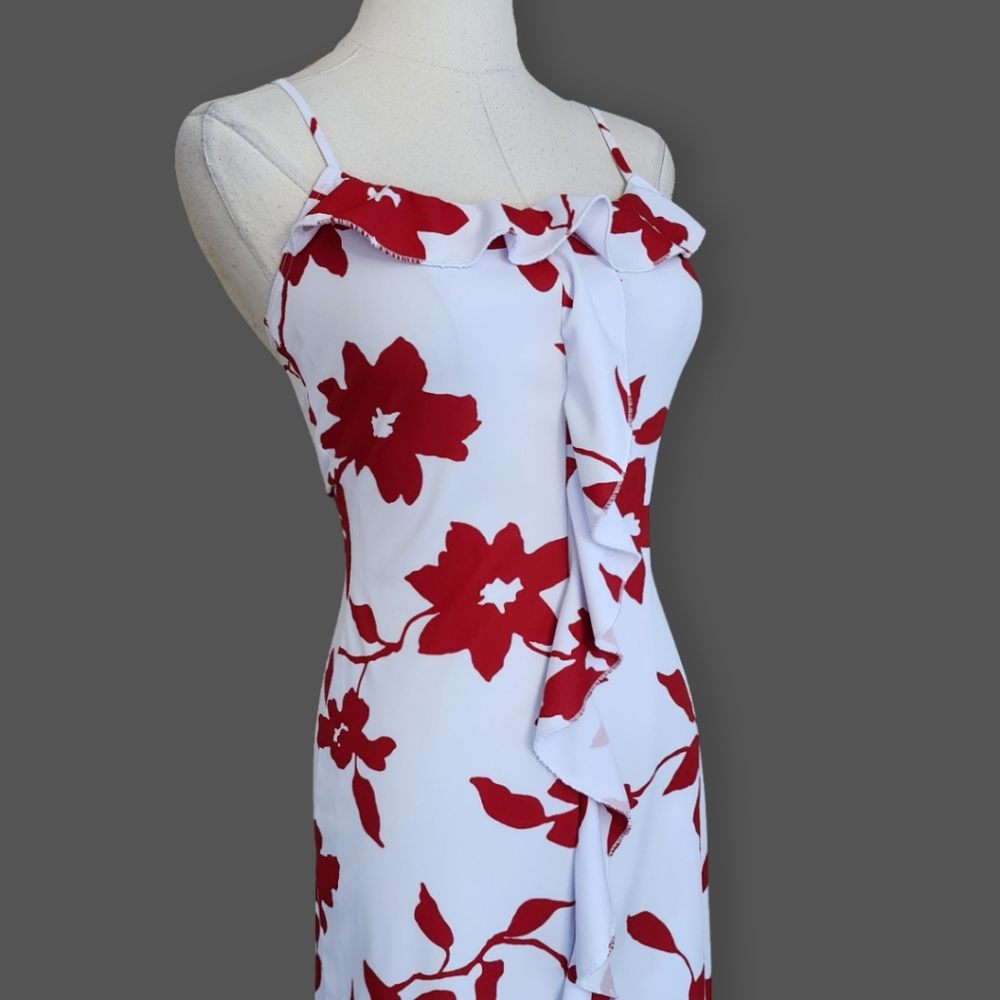 90's White/Red Floral Ruffle Dress, Women's S - Picture 1 of 9